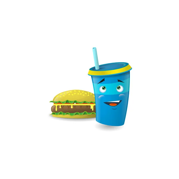 Color Illustration Blue Cartoon Funny Shy Paper Cup Straws Burger — Stock Vector