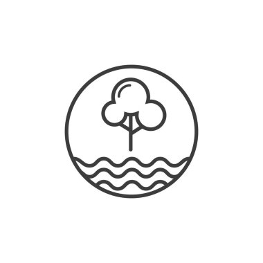 Yuvarlak çerçeve içinde siyah ve beyaz ahşap ve su simgesi