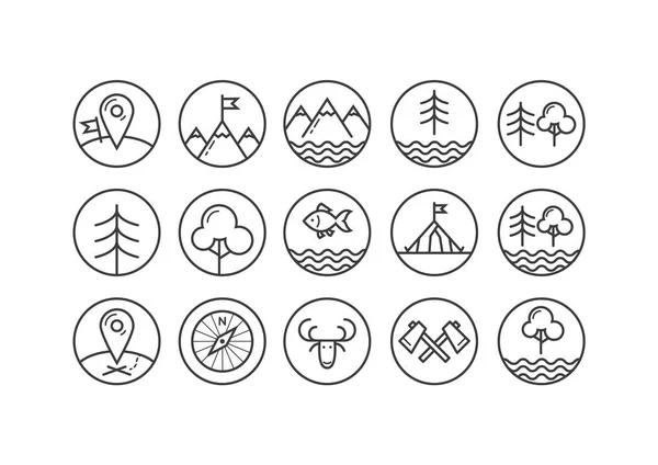 Set of black and white line art icons on the theme of tourism in the round frame