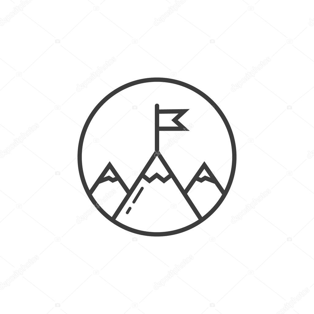 Black and white line art icon of three mountains peeks with flag in the round frame