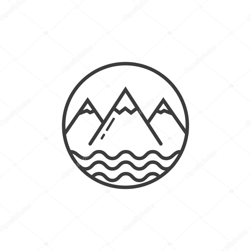 Black and white line art icon of mountains and pond waves in a round frame