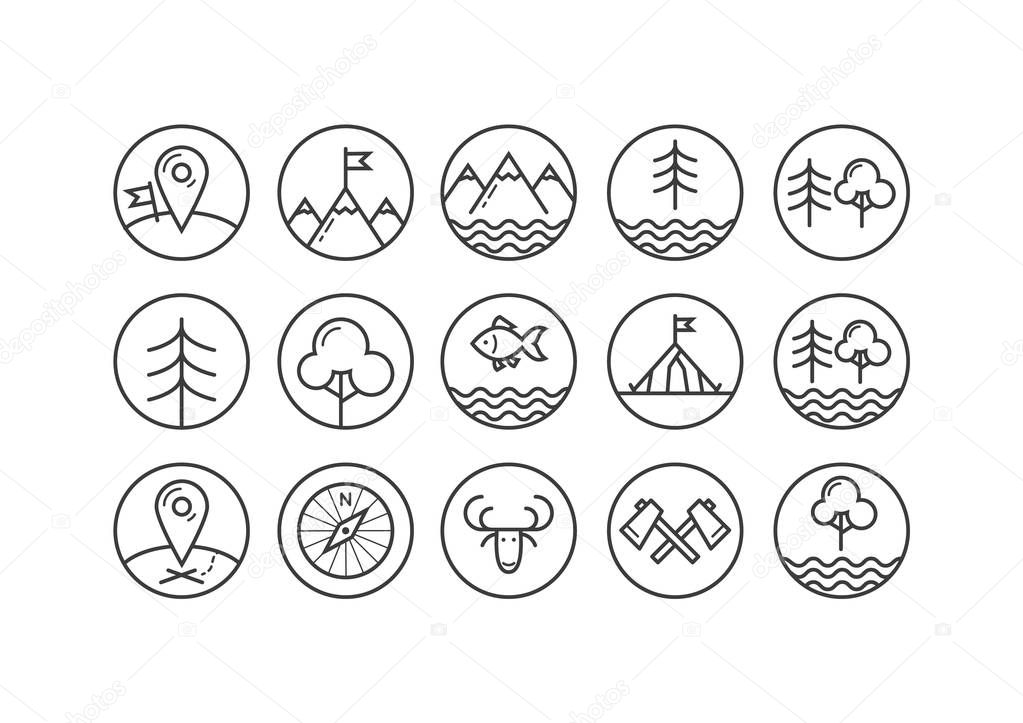 Set of black and white line art icons on the theme of tourism in the round frame