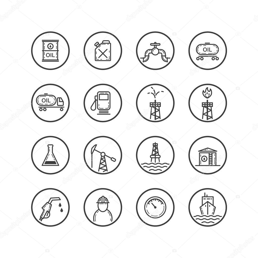 set of black and white line art icons on the oil industry in a round frame