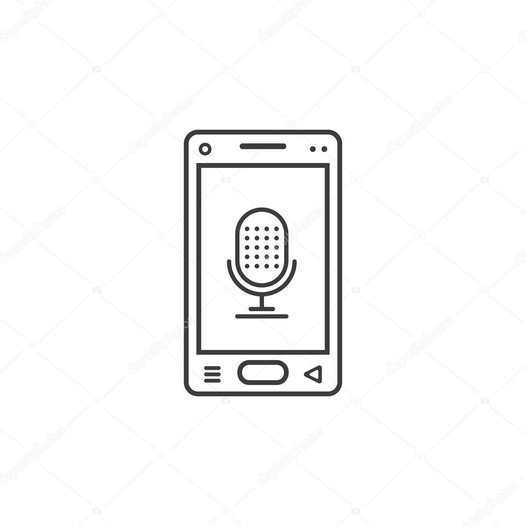 black and white line art icon of mobile phone with microphone sign