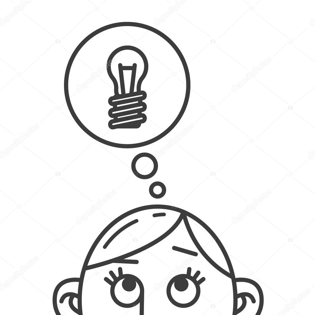 black and white line art illustration of a thought about a light bulb