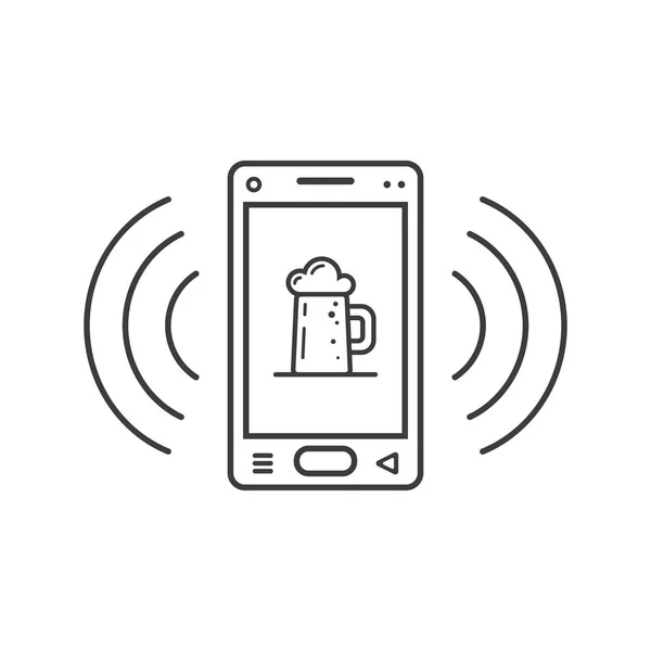black and white line art ringing smartphone icon with a glass of beer and signal waves