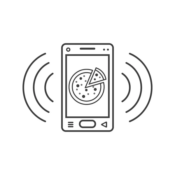 black and white line art ringing smartphone icon with pizza and signal waves