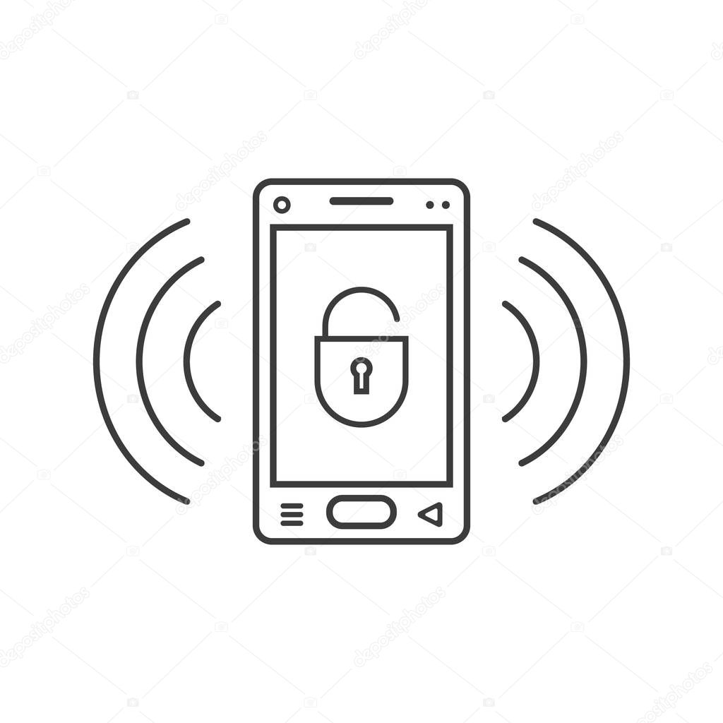 black and white line art ringing smartphone icon with an open lock sign and signal waves