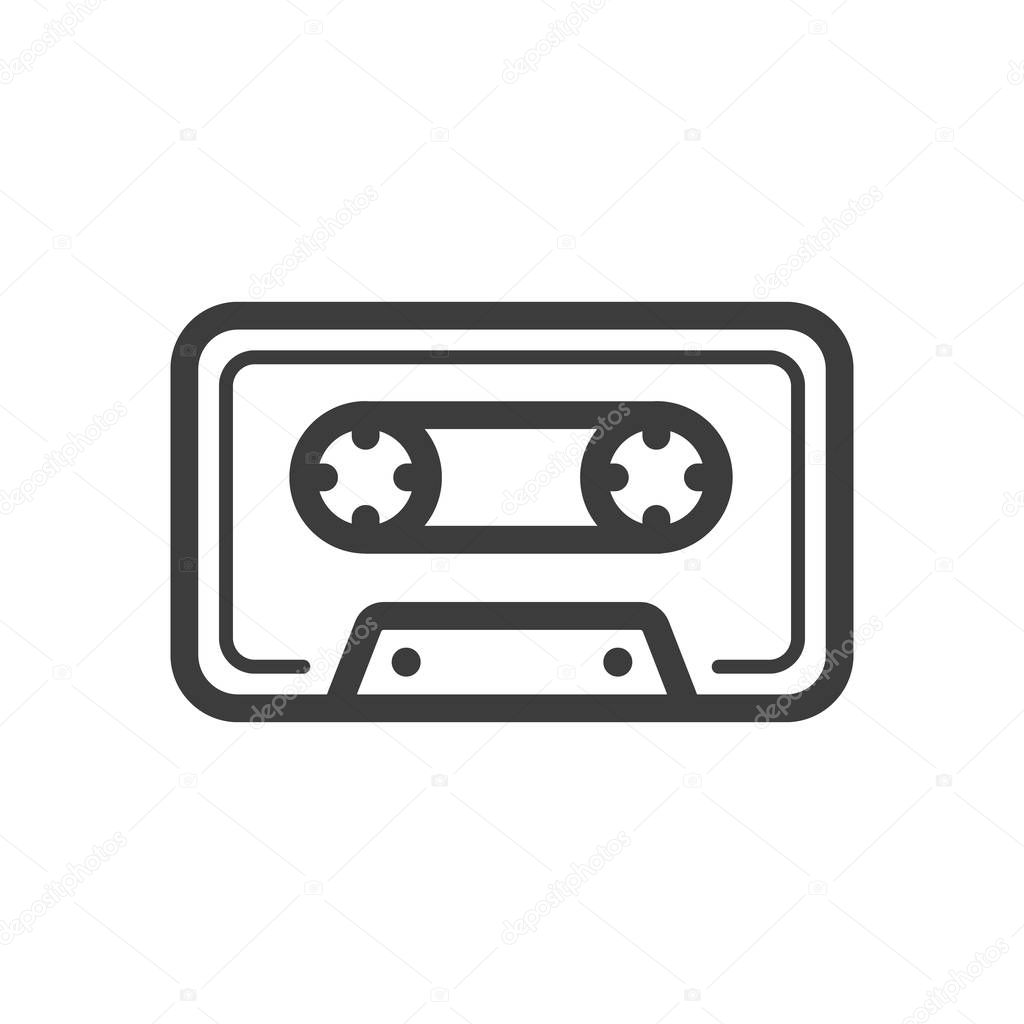 Black and white simple vector line art icon of old school music cassette