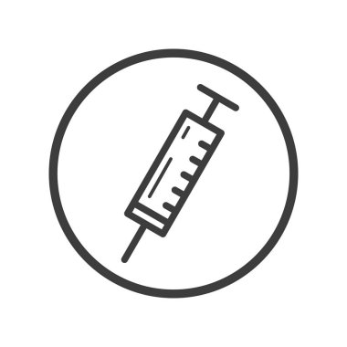 Siyah ve beyaz satır sanat tıbbi şırınga simgesini yuvarlak çerçeve