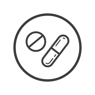 Siyah ve beyaz çizgisi sanat tablet ve kapsül simgesinde yuvarlak çerçeve