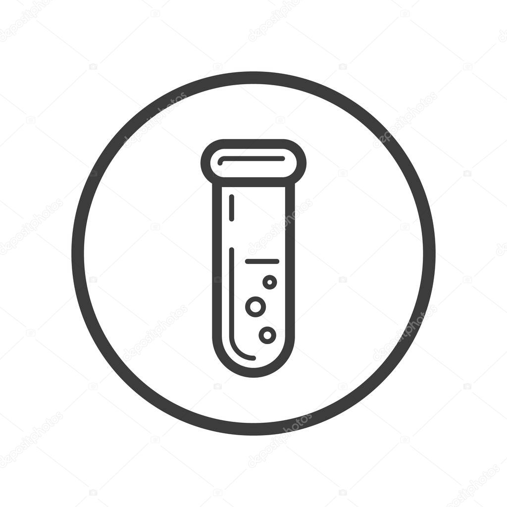 Black and white line art laboratory beaker icon in the round frame