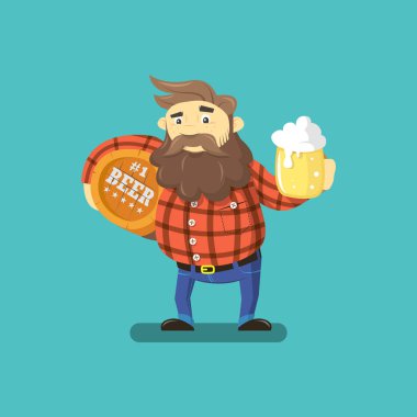 bir bira fıçısı ile kırmızı gömlekli bir adam renkli karikatür çizimi