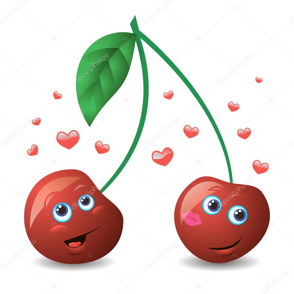 Color illustration of a cute cartoon lovers cherries