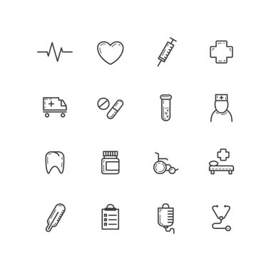 Siyah ve beyaz basit vektör anahat satırı sanat Doktor sağlık simgeler kümesi
