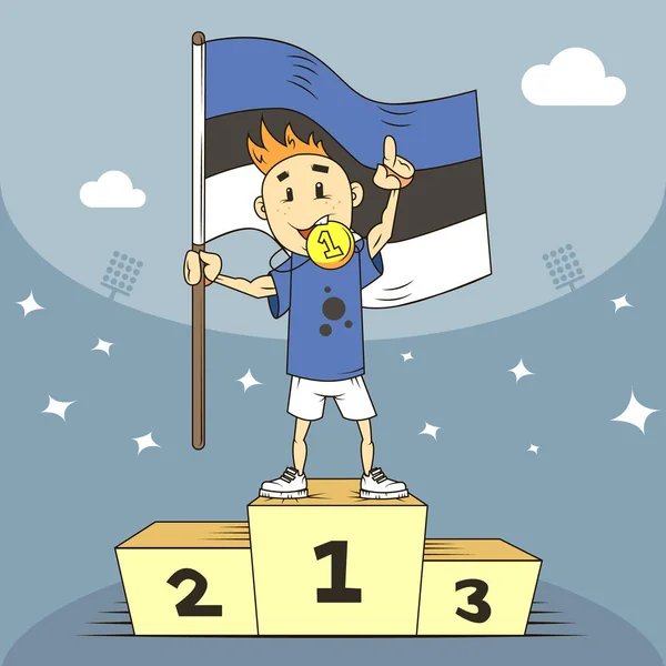 Мультфільму Ілюстрація Чемпіон Естонії Нагороду Прапором Руці — стоковий вектор