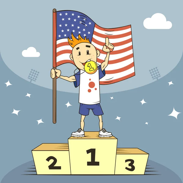 Farbige Cartoon Illustration Champion Der Usa Auf Dem Podium Mit — Stockvektor