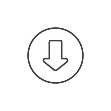 Siyah ve beyaz basit çizgi resim aşağı ok simgesi yuvarlak bir çerçeve içinde