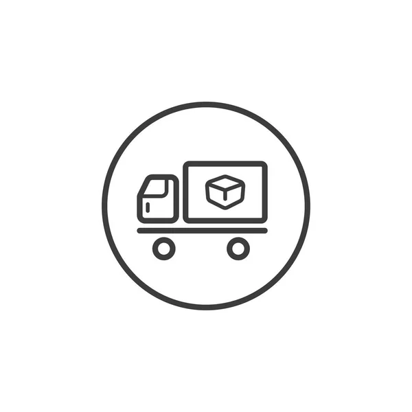 Black and white simple line art delivery car icon in a round frame