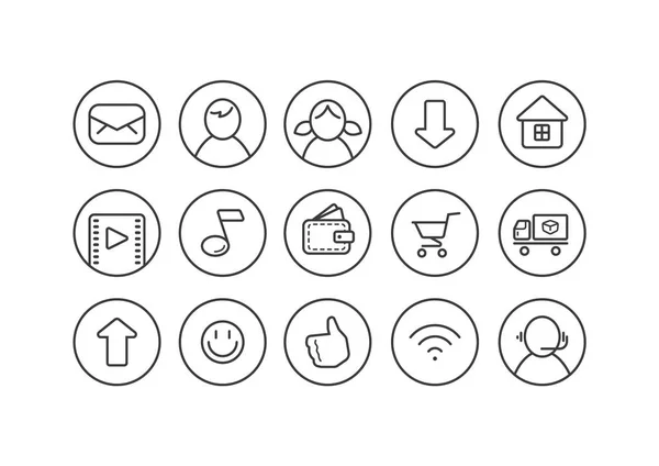 Set of black and white line art internet theme icons for a web page in a round frame