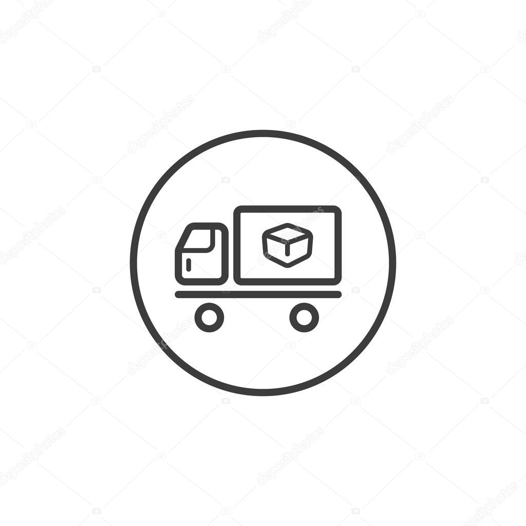 Black and white simple line art delivery car icon in a round frame