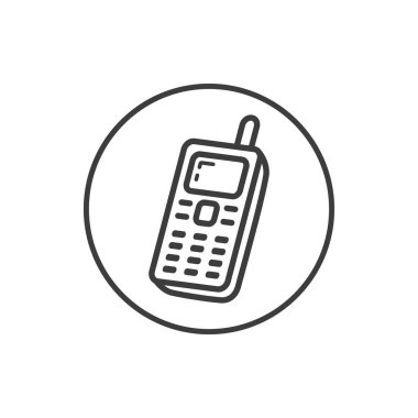 Siyah ve beyaz basit vektör hat sanat simge yuvarlak çerçeve içinde eski cep telefonu