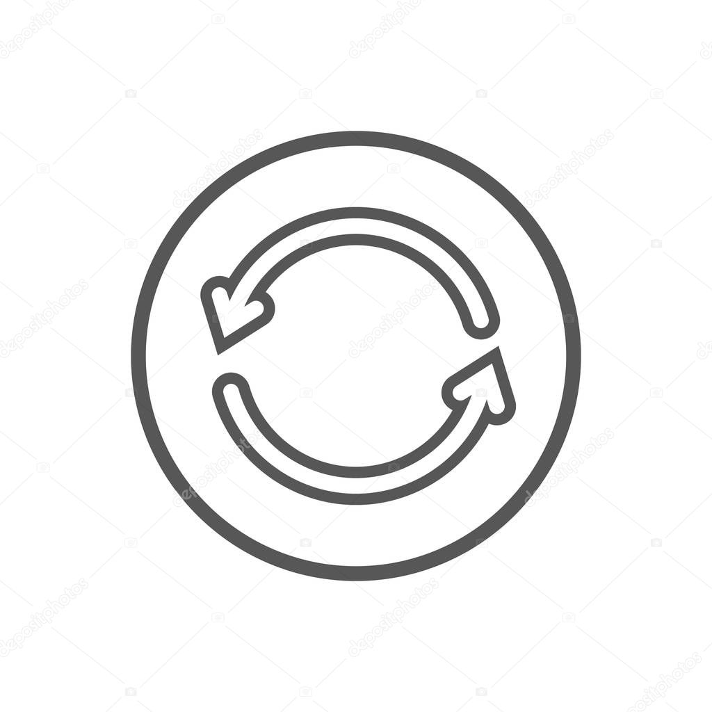 Black and white simple vector line art icon of two update arrows in the round frame