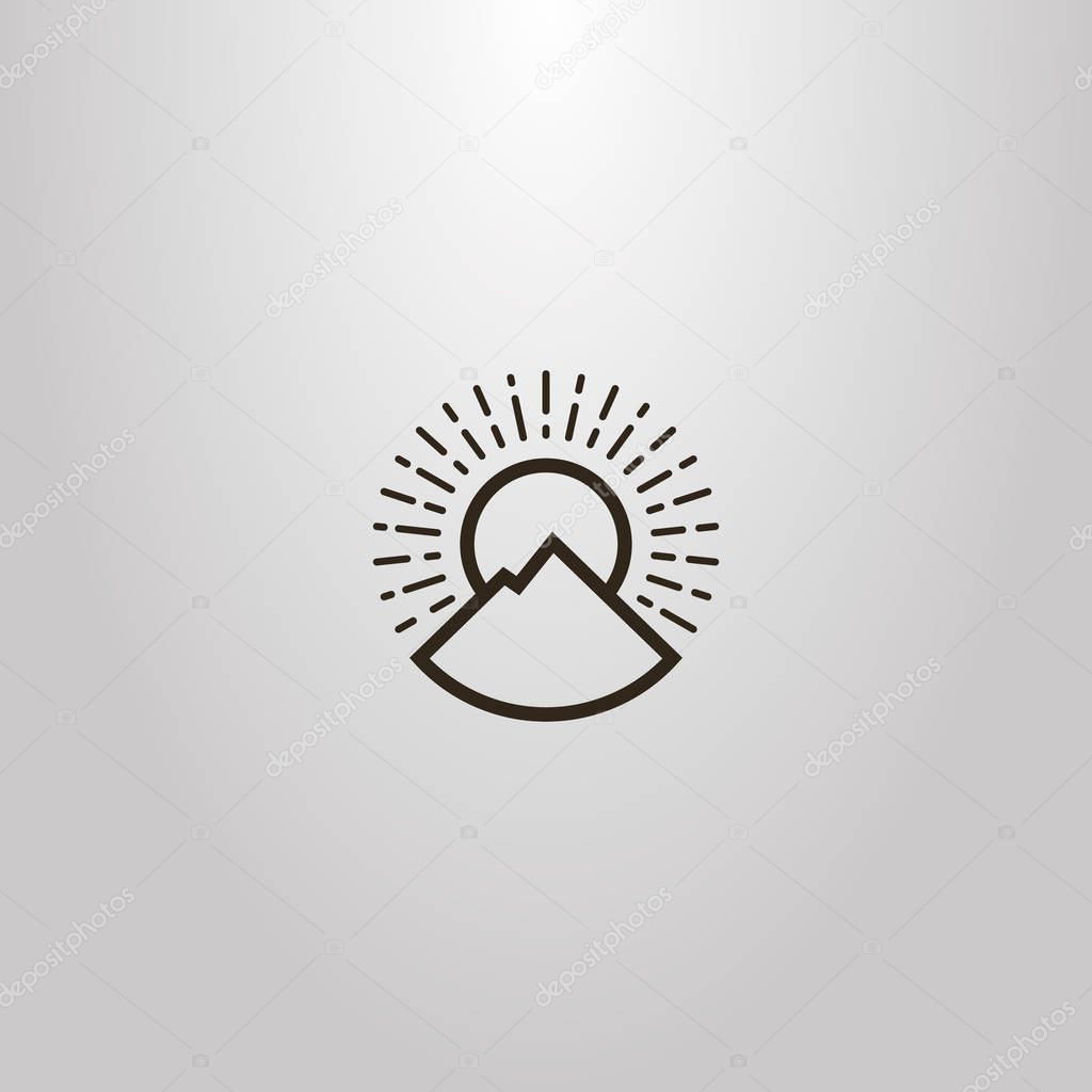 Black and white simple vector outline round sign of line art mountain landscape and sun rays