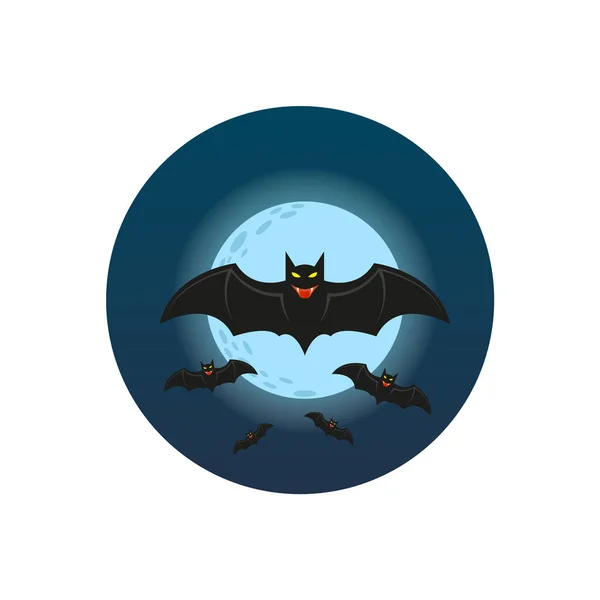Arte Plana Redonda Ilustração Cores Morcegos Fundo Lua Cheia — Vetor de Stock