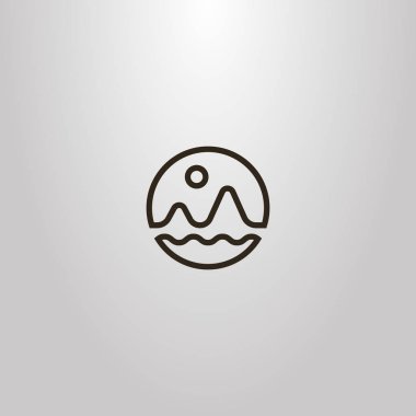 siyah ve beyaz basit vektör hat sanat işareti iki dağ, Güneş ve su dalgaları manzara