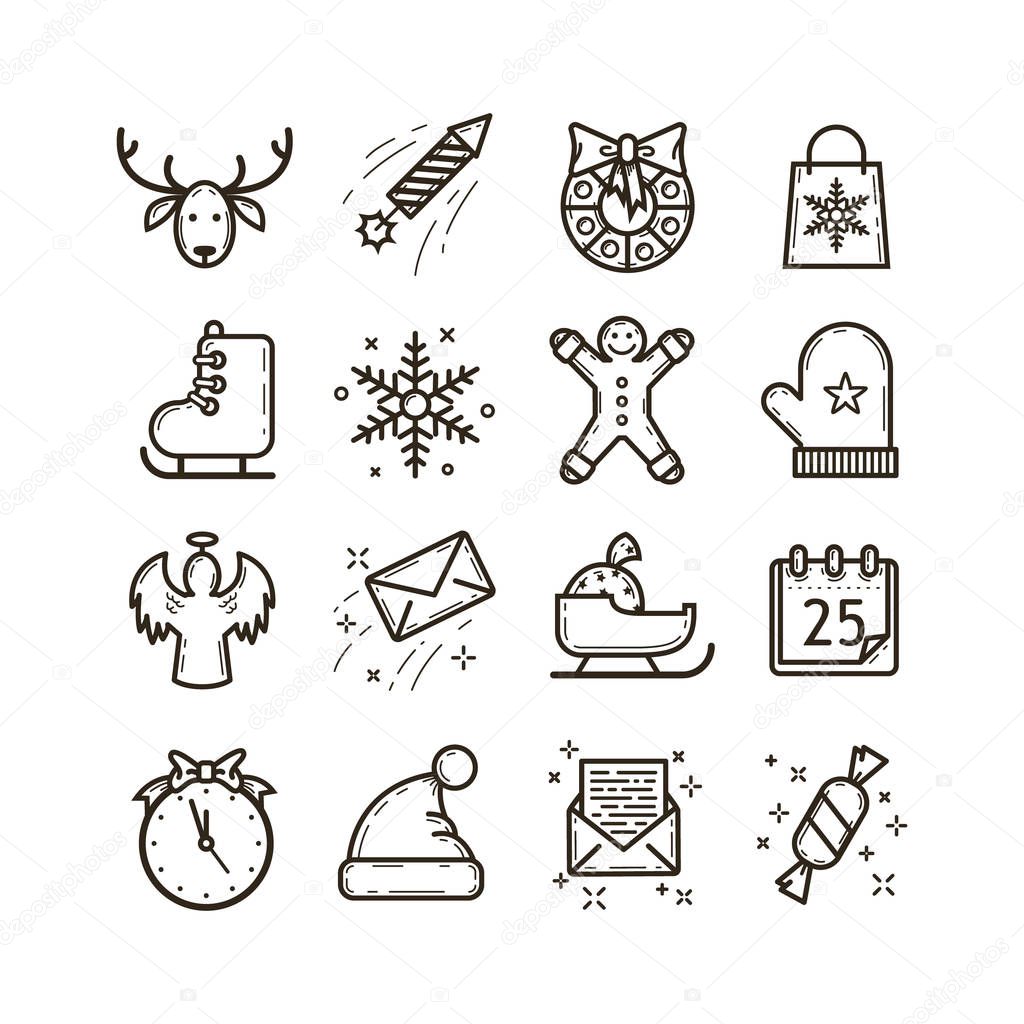 set of line art black and white vector icons on the theme of Christmas holidays