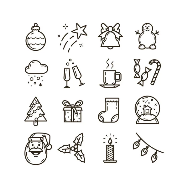 Noel ve yeni yıl konulu siyah beyaz çizgi sanat simge kümesi