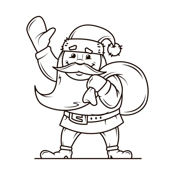 Línea Vectorial Blanco Negro Ilustración Dibujos Animados Santa Claus Con — Vector de stock