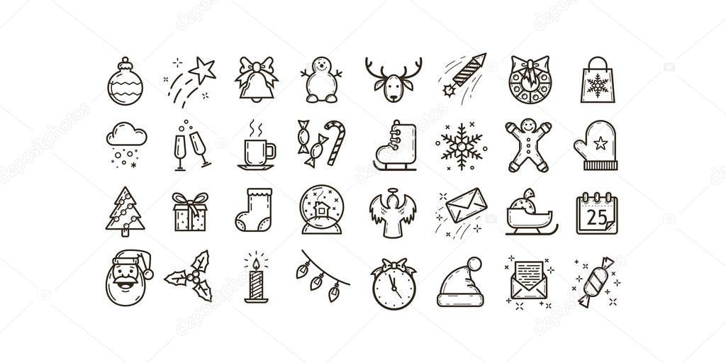 black and white set of simple line art vector outline icons on the theme of Christmas and New Year holidays