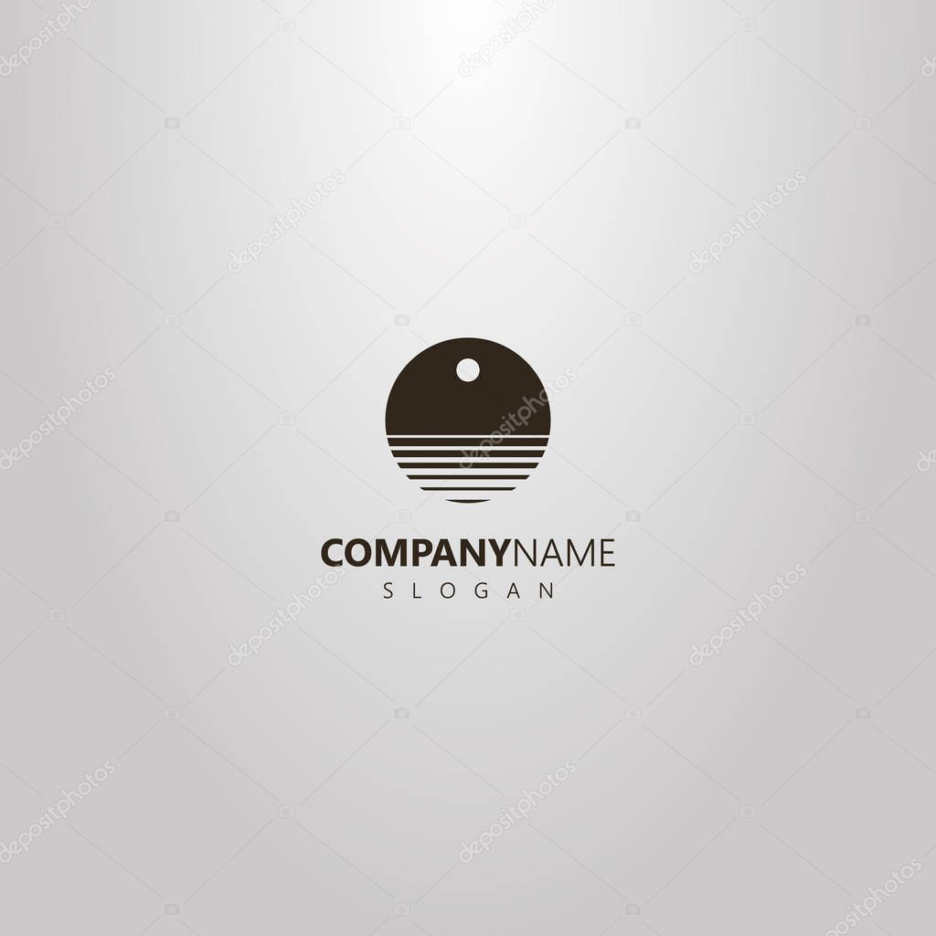 Black and white simple vector round negative space logo of abstract water waves under the sun or moon