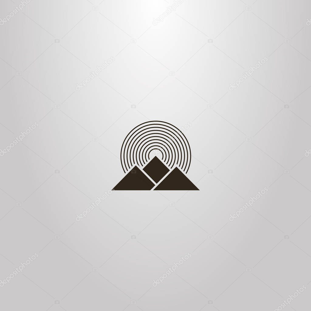 black and white simple vector geometric sign of three mountains and round rays of the sun