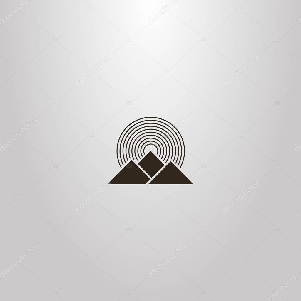 Black and white simple vector geometric sign of three mountains and round rays of the sun