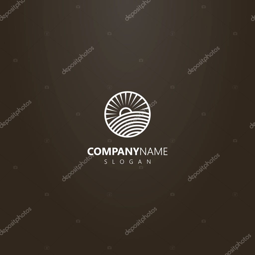 White logo on a black background. vector line art round logo of sun rising over a field