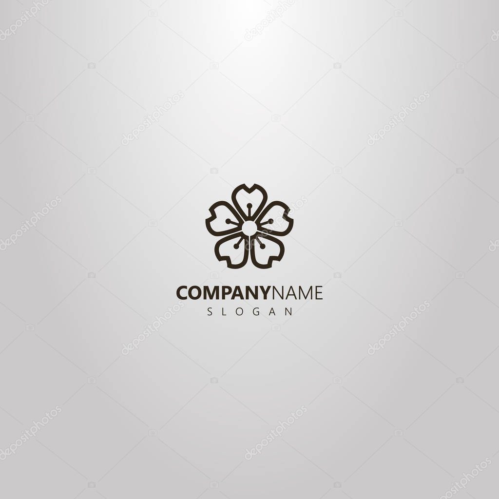 black and white simple vector line art outline logo of five-leaf cherry flower