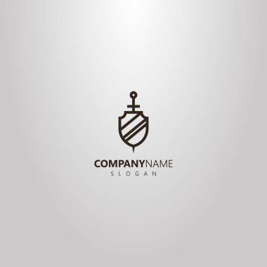 siyah ve beyaz basit vektör hat sanat logo ortaçağ kılıç kalkan arkasında