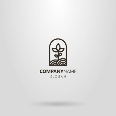 siyah ve beyaz basit satır Sanat logo kemerli bir çerçeve içinde bir arsa üzerinde büyüyen bir bitki