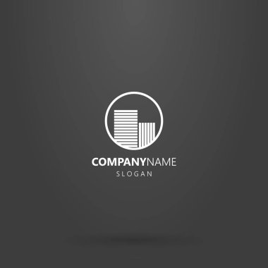 siyah arka planda beyaz logosu. yuvarlak çerçevedeki iki yüksek katlı evlerin basit çizgi sanat logosu
