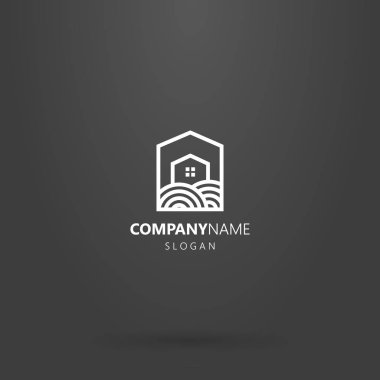 siyah arka planda beyaz logosu. bir beşgen çerçevede arazi bir arsa üzerinde özel bir evin basit çizgi sanat logosu