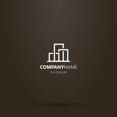 Siyah arka planda beyaz logo. Üç binanın basit vektör geometrik çizgisi sanat logosu