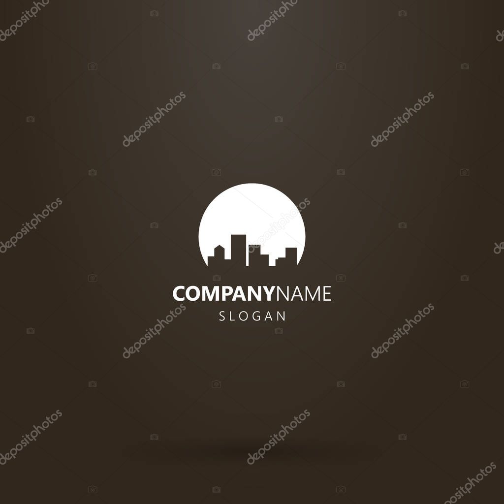 White logo on a black background. simple vector negative space round  cityscape logo of high-rise houses