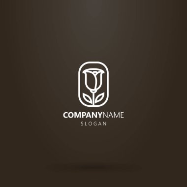 Siyah arka planda beyaz logo. Çerçevedeki lale çiçeğinin basit vektör çizgisi sanat logosu