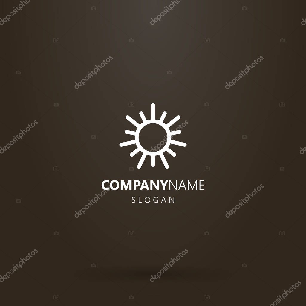 White logo on a black background. simple vector geometric line art logo of the round sun with rays