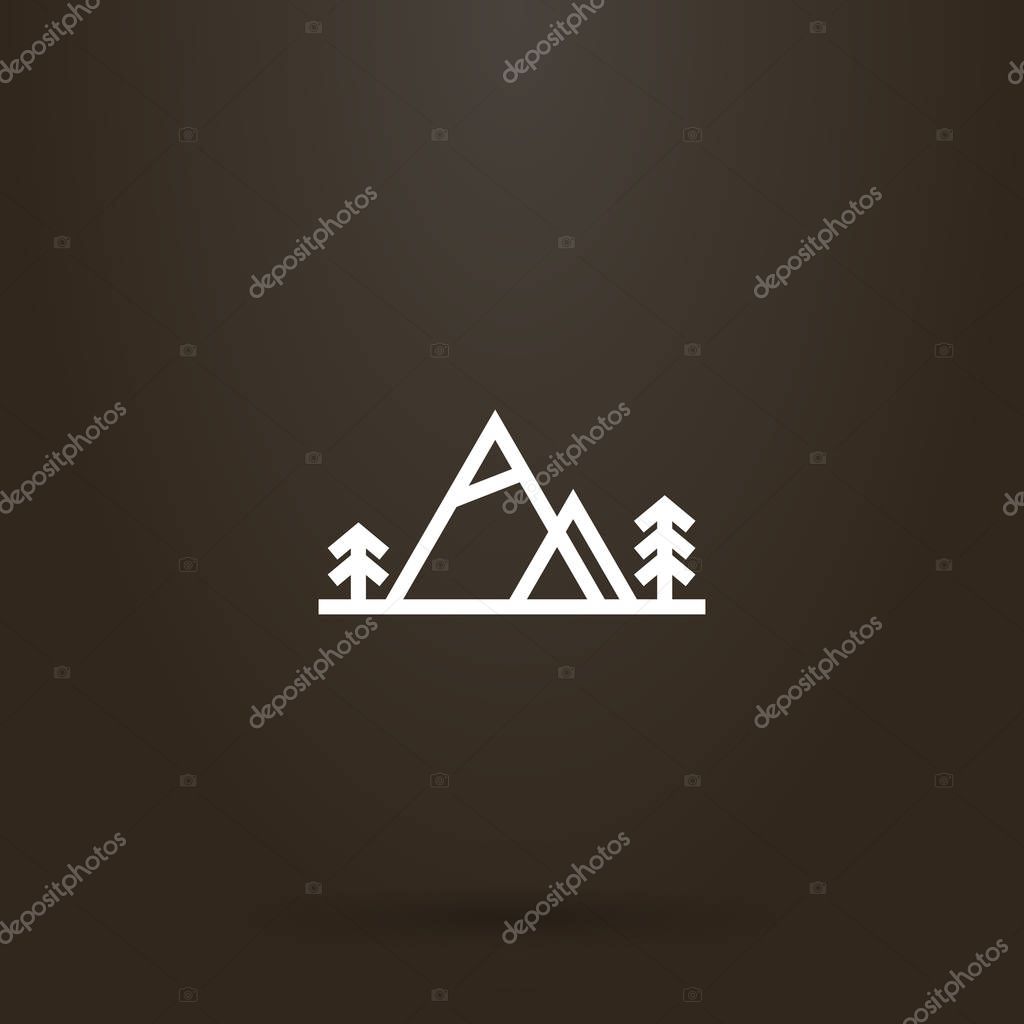 White sign on a black background. simple vector geometric horizontal line art sign of two mountains and coniferous trees next to them