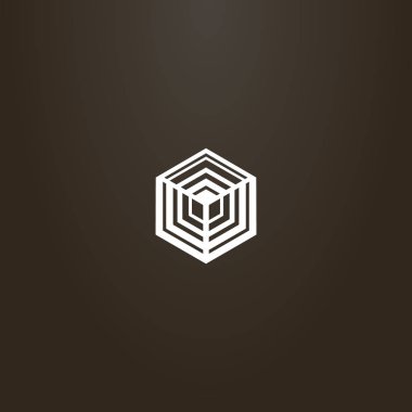 Siyah arka planda beyaz tabela. Altıgen kübik yapının basit geometrik çizgi sanat işareti