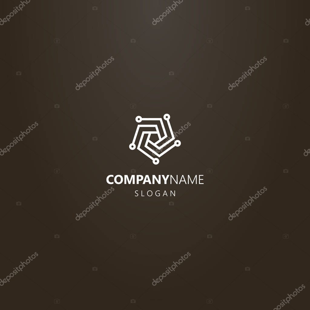 White logo on a black background. vector line art geometric logo of spiral pentagonal microboard